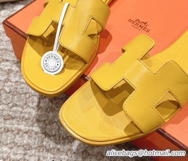 Low Price Hermes Classic Oran Calfskin Flat Slide Sandals Yellow 0530036