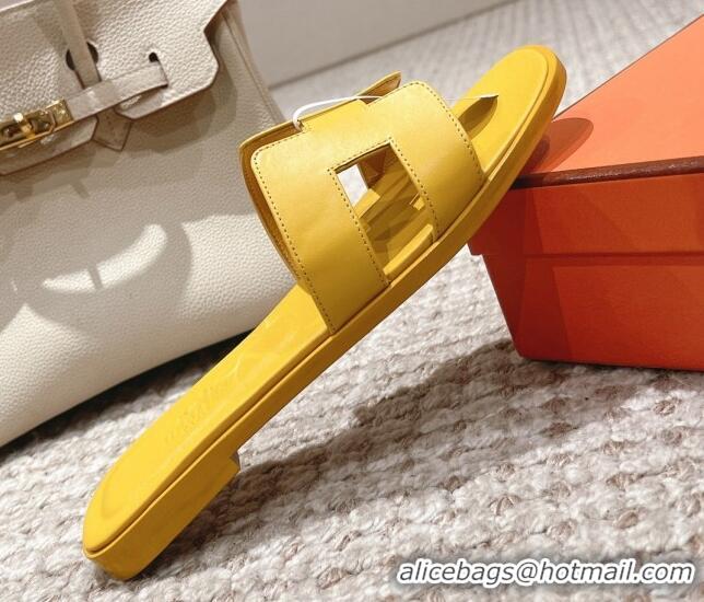 Low Price Hermes Classic Oran Calfskin Flat Slide Sandals Yellow 0530036