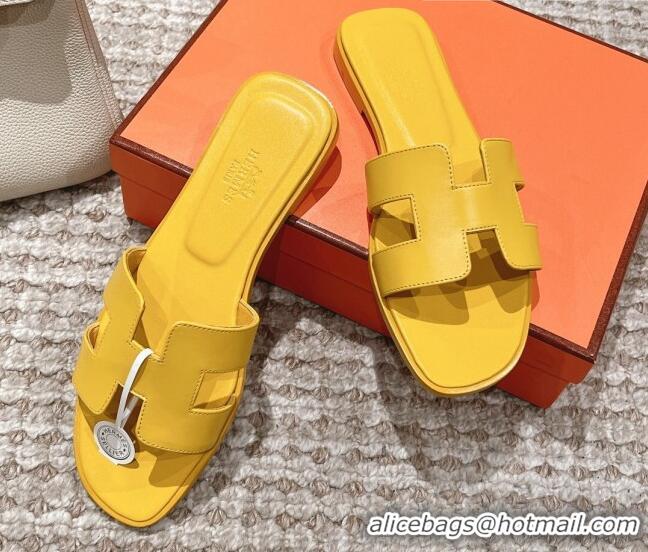 Low Price Hermes Classic Oran Calfskin Flat Slide Sandals Yellow 0530036