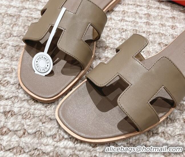 Stylish Hermes Classic Oran Calfskin Flat Slide Sandals Grey 530037