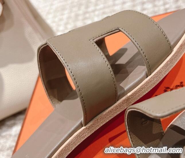 Stylish Hermes Classic Oran Calfskin Flat Slide Sandals Grey 530037