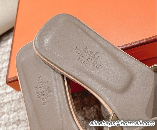 Stylish Hermes Classic Oran Calfskin Flat Slide Sandals Grey 530037