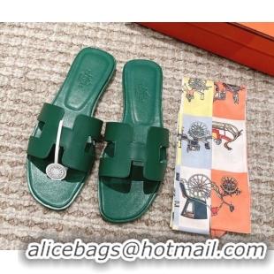 Perfect Hermes Classic Oran Calfskin Flat Slide Sandals Green 530038