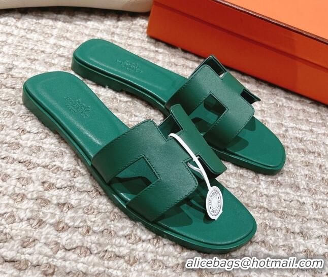 Perfect Hermes Classic Oran Calfskin Flat Slide Sandals Green 530038