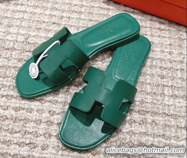 Perfect Hermes Classic Oran Calfskin Flat Slide Sandals Green 530038