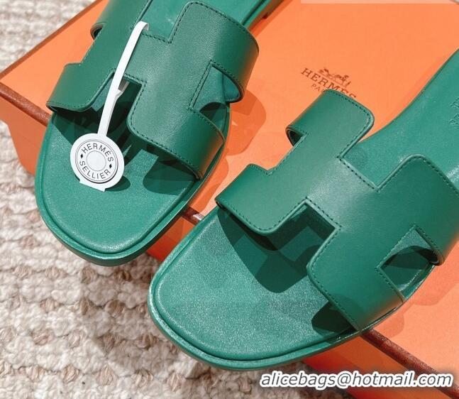 Perfect Hermes Classic Oran Calfskin Flat Slide Sandals Green 530038