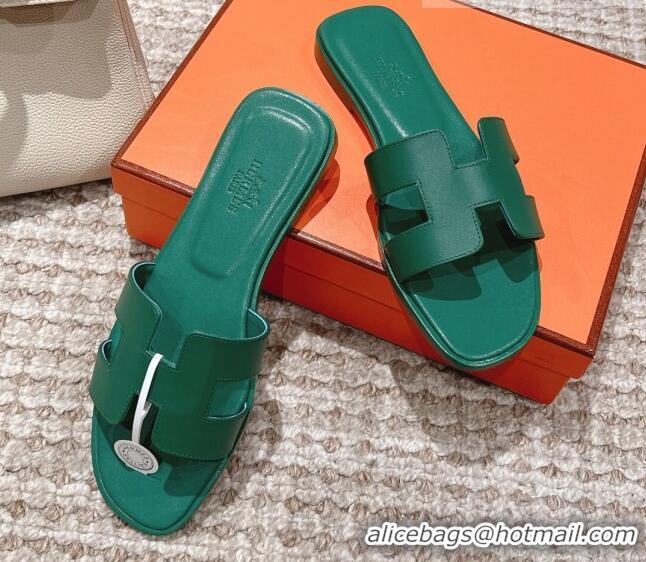 Perfect Hermes Classic Oran Calfskin Flat Slide Sandals Green 530038