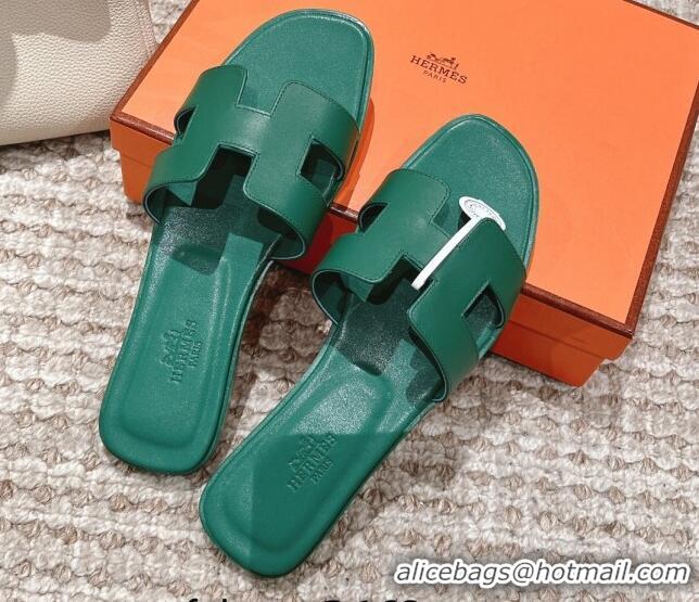 Perfect Hermes Classic Oran Calfskin Flat Slide Sandals Green 530038