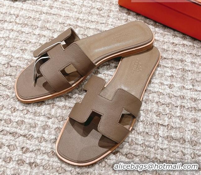 Good Quality Hermes Classic Oran Flat Slide Sandals in Grained Leather Elephant Grey 530039