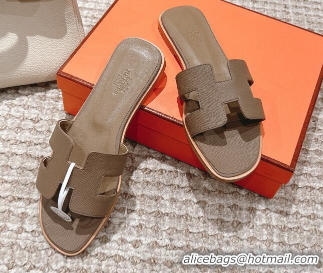 Good Quality Hermes Classic Oran Flat Slide Sandals in Grained Leather Elephant Grey 530039