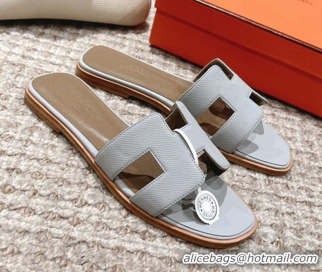 Leisure Hermes Classic Oran Flat Slide Sandals in Grained Leather Light Grey 0530040