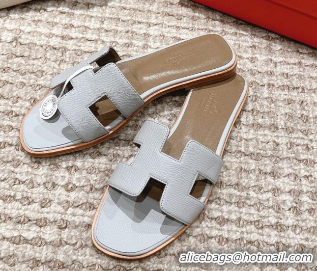 Leisure Hermes Classic Oran Flat Slide Sandals in Grained Leather Light Grey 0530040