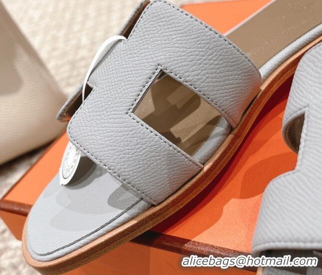 Leisure Hermes Classic Oran Flat Slide Sandals in Grained Leather Light Grey 0530040