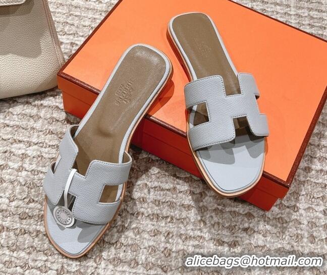 Leisure Hermes Classic Oran Flat Slide Sandals in Grained Leather Light Grey 0530040