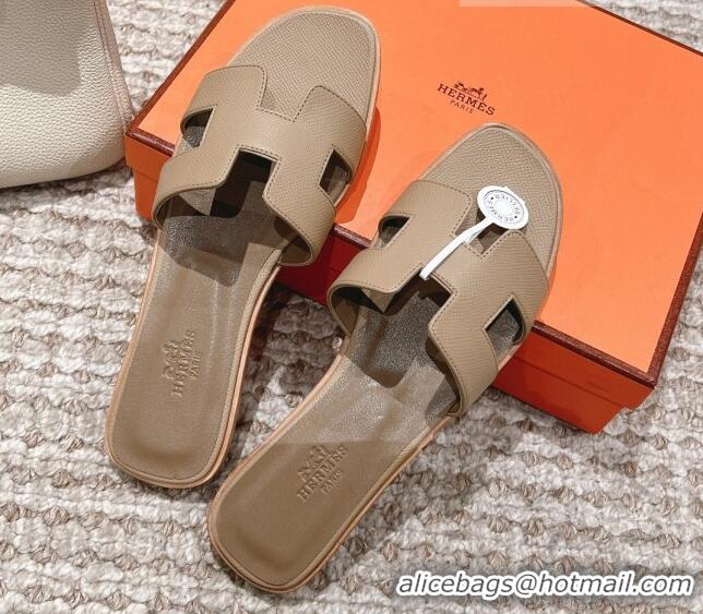 Top Grade Hermes Classic Oran Flat Slide Sandals in Grained Leather Grey 530041