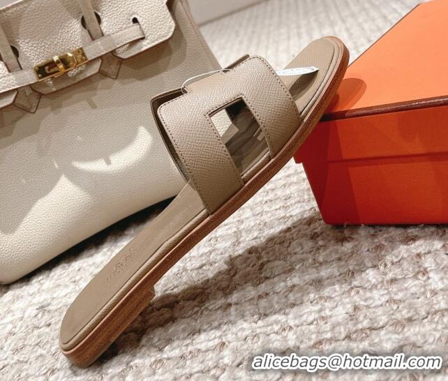 Top Grade Hermes Classic Oran Flat Slide Sandals in Grained Leather Grey 530041