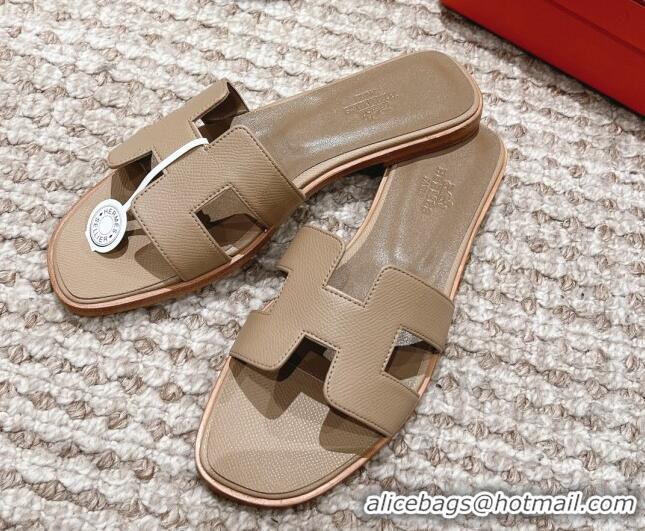 Top Grade Hermes Classic Oran Flat Slide Sandals in Grained Leather Grey 530041