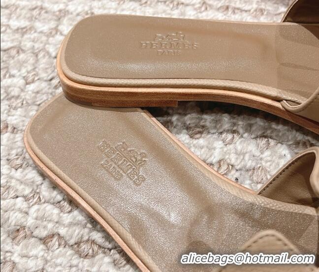 Top Grade Hermes Classic Oran Flat Slide Sandals in Grained Leather Grey 530041