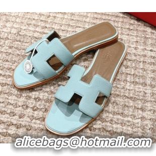 Popular Style Hermes Classic Oran Flat Slide Sandals in Grained Leather Light Blue 530042