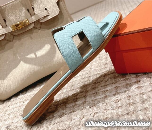 Popular Style Hermes Classic Oran Flat Slide Sandals in Grained Leather Light Blue 530042