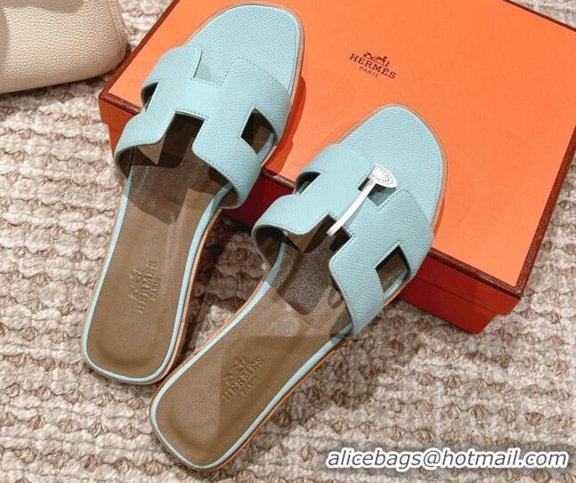 Popular Style Hermes Classic Oran Flat Slide Sandals in Grained Leather Light Blue 530042