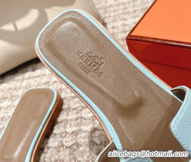 Popular Style Hermes Classic Oran Flat Slide Sandals in Grained Leather Light Blue 530042