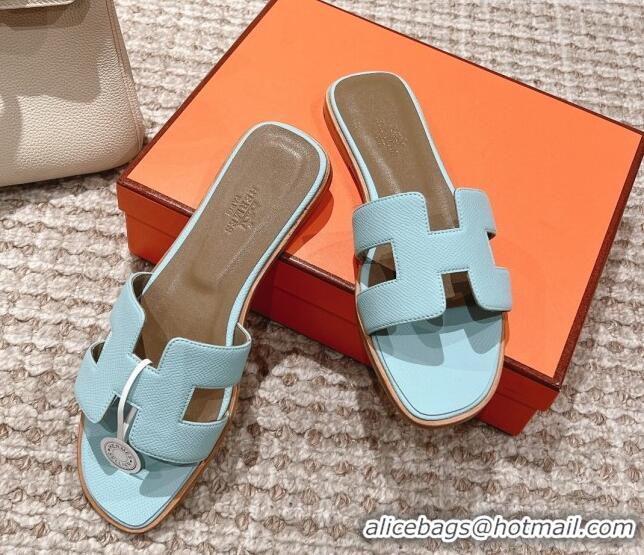 Popular Style Hermes Classic Oran Flat Slide Sandals in Grained Leather Light Blue 530042