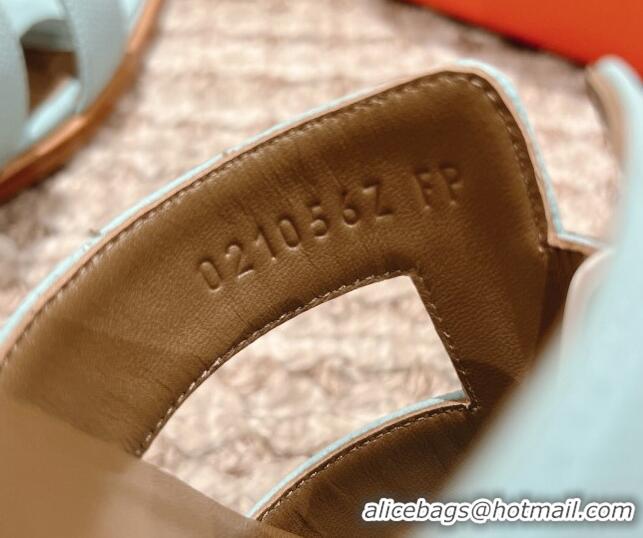 Popular Style Hermes Classic Oran Flat Slide Sandals in Grained Leather Light Blue 530042