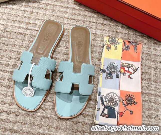 Popular Style Hermes Classic Oran Flat Slide Sandals in Grained Leather Light Blue 530042