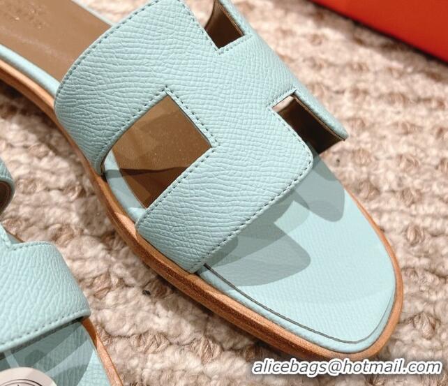 Popular Style Hermes Classic Oran Flat Slide Sandals in Grained Leather Light Blue 530042