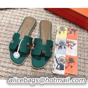 Top Design Hermes Classic Oran Flat Slide Sandals in Grained Leather Green 530043