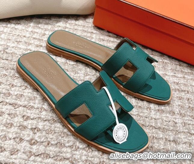 Top Design Hermes Classic Oran Flat Slide Sandals in Grained Leather Green 530043