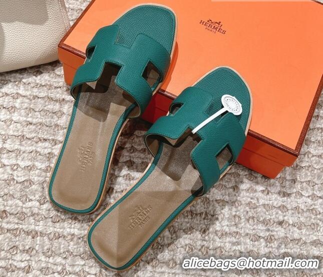 Top Design Hermes Classic Oran Flat Slide Sandals in Grained Leather Green 530043