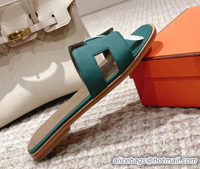 Top Design Hermes Classic Oran Flat Slide Sandals in Grained Leather Green 530043