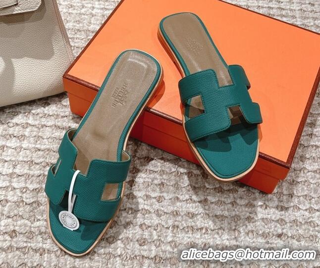 Top Design Hermes Classic Oran Flat Slide Sandals in Grained Leather Green 530043