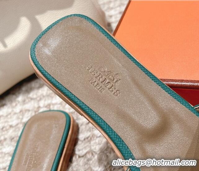 Top Design Hermes Classic Oran Flat Slide Sandals in Grained Leather Green 530043