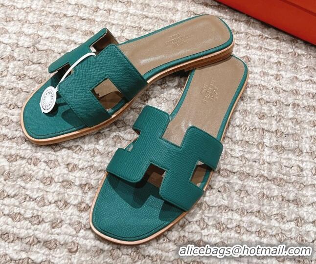 Top Design Hermes Classic Oran Flat Slide Sandals in Grained Leather Green 530043