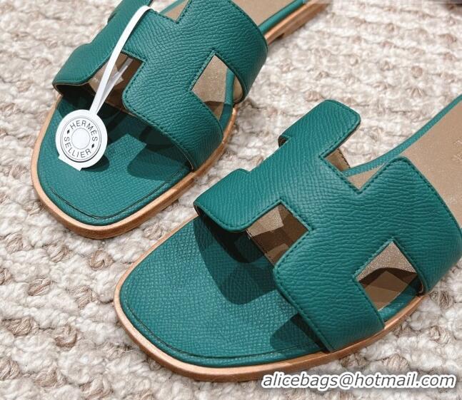 Top Design Hermes Classic Oran Flat Slide Sandals in Grained Leather Green 530043