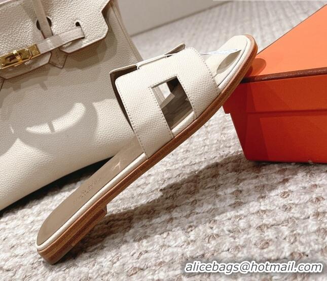 Sophisticated Hermes Classic Oran Flat Slide Sandals in Grained Leather Cream White 530044