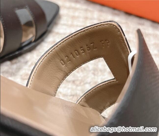 Shop Duplicate Hermes Classic Oran Flat Slide Sandals in Grained Leather Black/Grey 530045