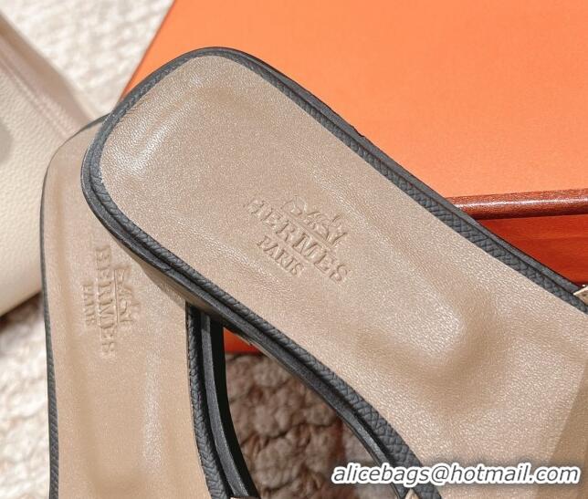 Shop Duplicate Hermes Classic Oran Flat Slide Sandals in Grained Leather Black/Grey 530045