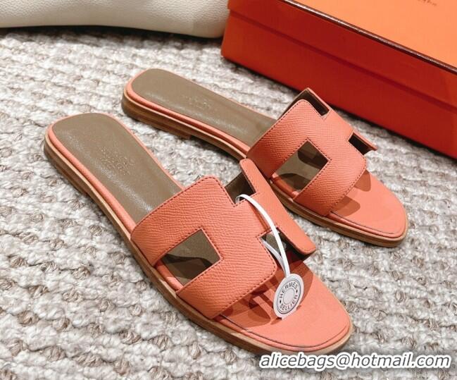 Cheap Price Hermes Classic Oran Flat Slide Sandals in Grained Leather Peachy Pink 530046