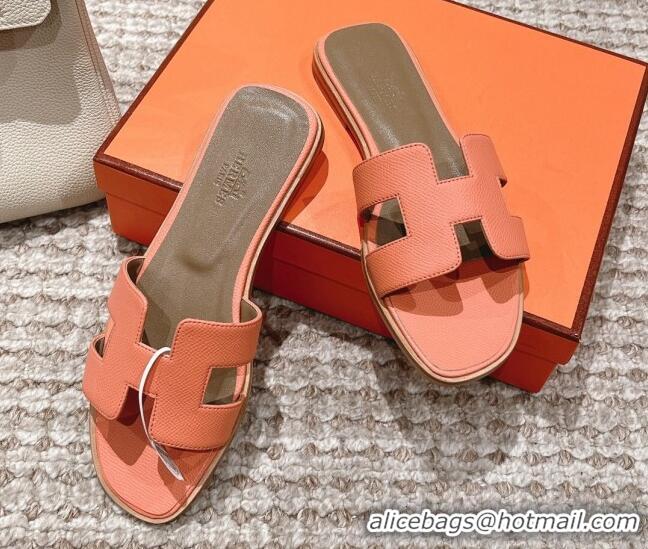 Cheap Price Hermes Classic Oran Flat Slide Sandals in Grained Leather Peachy Pink 530046