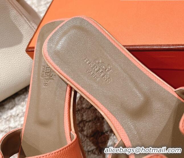 Cheap Price Hermes Classic Oran Flat Slide Sandals in Grained Leather Peachy Pink 530046