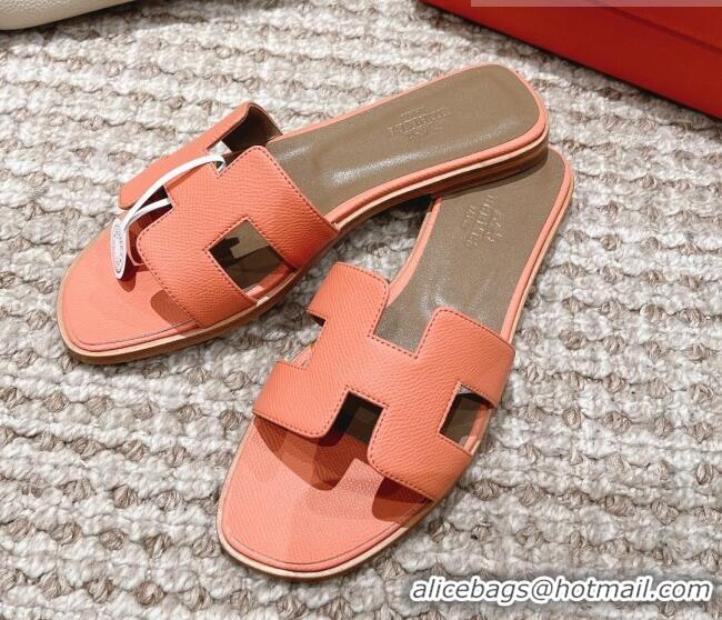 Cheap Price Hermes Classic Oran Flat Slide Sandals in Grained Leather Peachy Pink 530046