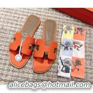 Hot Style Hermes Classic Oran Flat Slide Sandals in Grained Leather Orange 530047