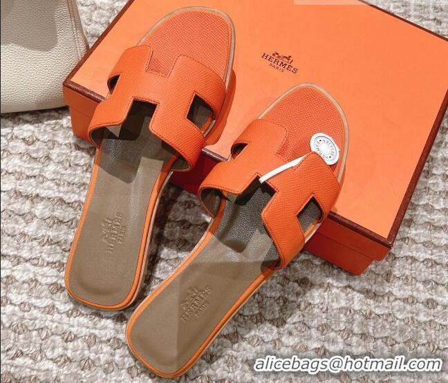 Hot Style Hermes Classic Oran Flat Slide Sandals in Grained Leather Orange 530047