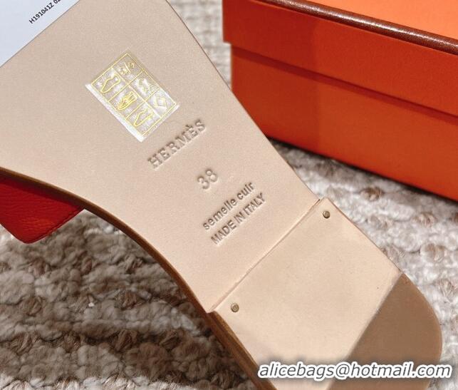 Hot Style Hermes Classic Oran Flat Slide Sandals in Grained Leather Orange 530047