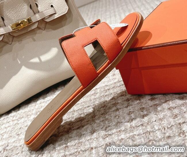 Hot Style Hermes Classic Oran Flat Slide Sandals in Grained Leather Orange 530047