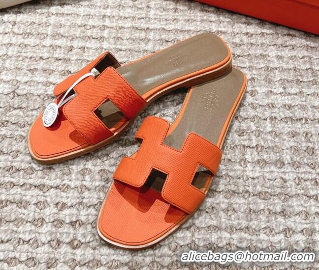 Hot Style Hermes Classic Oran Flat Slide Sandals in Grained Leather Orange 530047